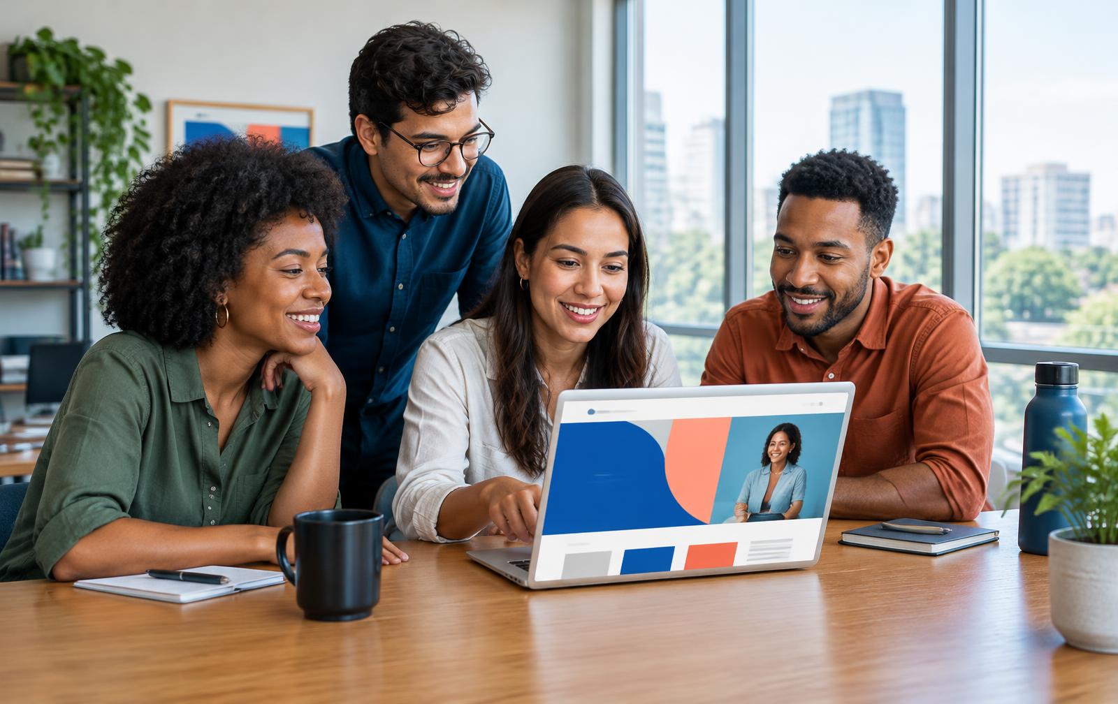 Equipe configurando uma página com identidade visual própria